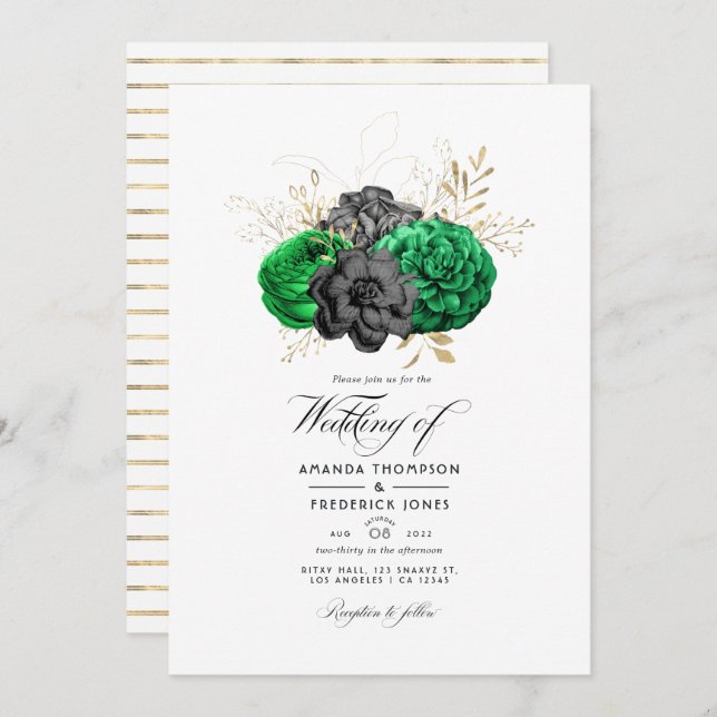 Invitación Boda floral Dardo Emerald y Gold (Anverso / Reverso)