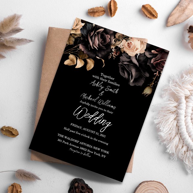 Invitación Boda Floral Dark Moody clásico negro y blanco (Subido por el creador)