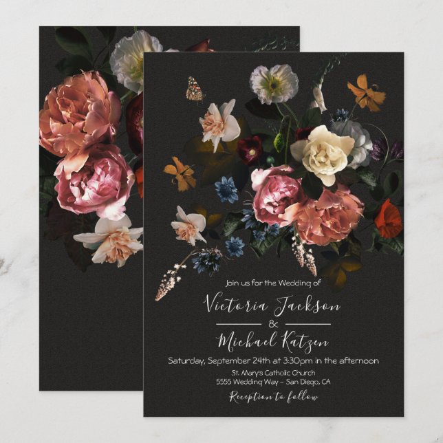 Invitación Boda Floral Dark & Moody Neoclásico (Anverso / Reverso)