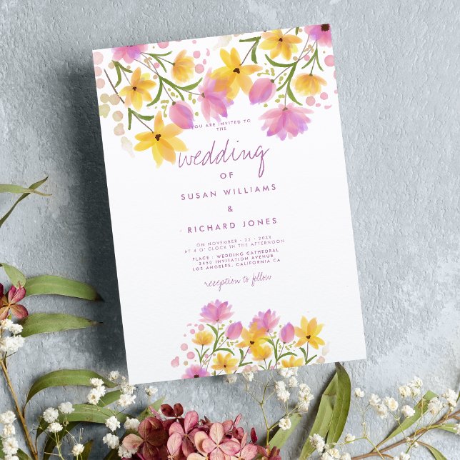 Invitación Boda floral de acuarela amarillo rosado botánico (Botanical pink yellow watercolor floral wedding)