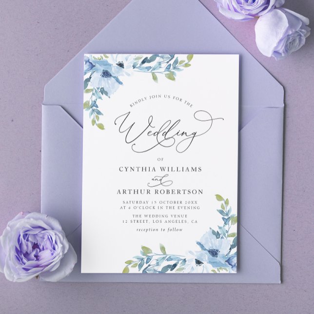 Invitación boda floral de acuarela azul claro botánico (Subido por el creador)