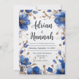 Invitación Boda Floral de Acuarela Azul con Brillo Dorado