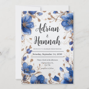 Invitación Boda Floral de Acuarela Azul con Brillo Dorado