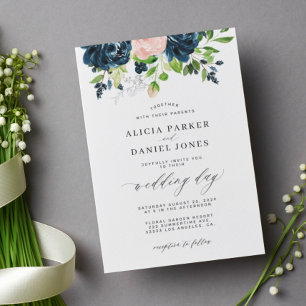 Invitación Boda floral de acuarela azul marino y rosa negro