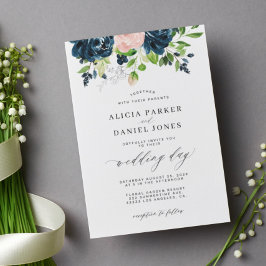Invitación Boda floral de acuarela azul marino y rosa negro