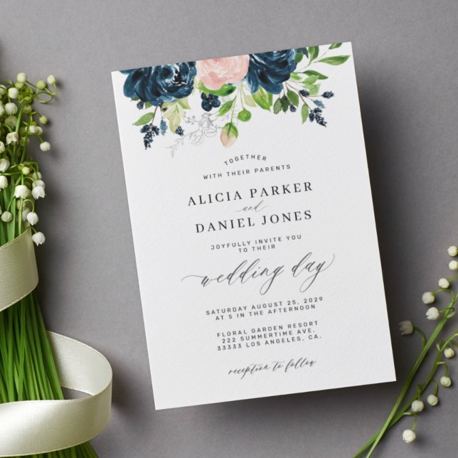 Invitación Boda floral de acuarela azul marino y rosa negro (Subido por el creador)