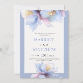 Invitación Boda floral de acuarela azul polvoriento y lavanda