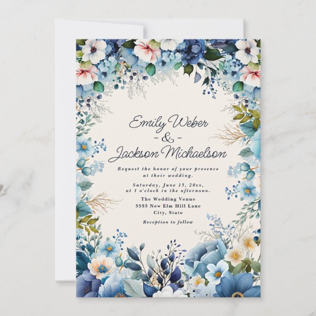 Invitación Boda floral de acuarela azul turbia y marina (Anverso)