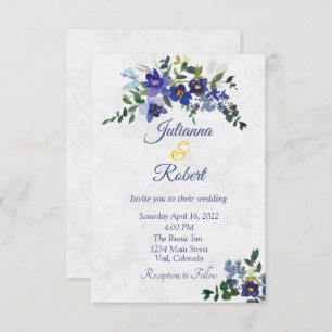 Invitación Boda floral de acuarela azul y amarillo