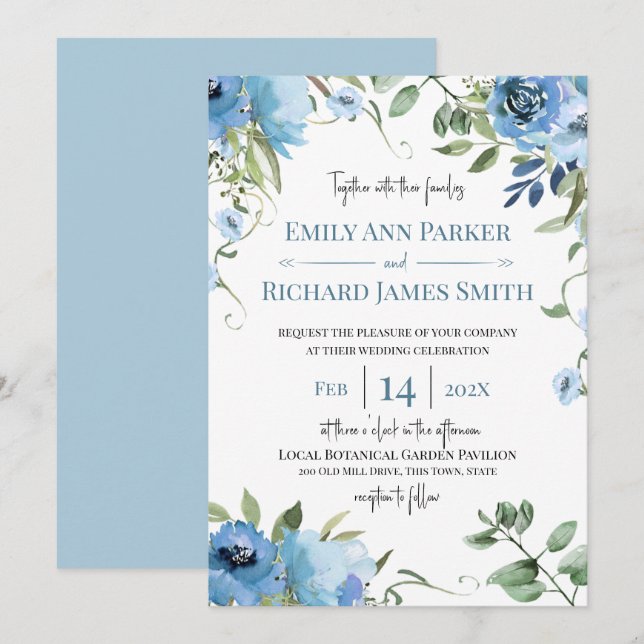 Invitación Boda floral de acuarela azul y salada (Anverso / Reverso)