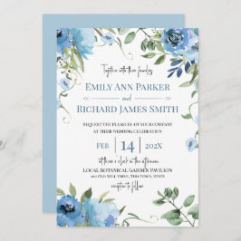 Invitación Boda floral de acuarela azul y salada
