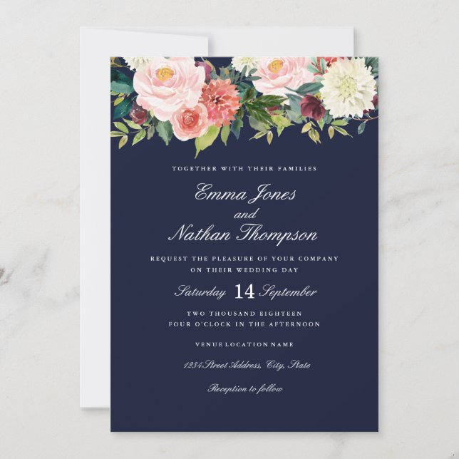 Invitación Boda floral de acuarela botánica de la Marina Peac (Anverso)