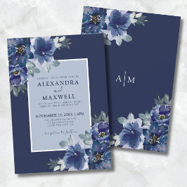 Invitación Boda floral de acuarela botánica elegante azul
