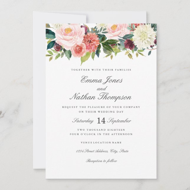 Invitación Boda floral de acuarela botánica primavera (Anverso)