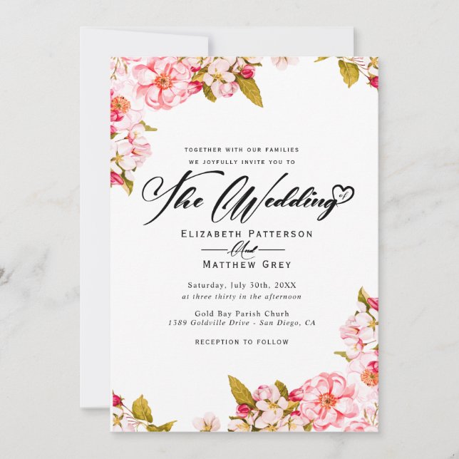 Invitación Boda floral de acuarela botánica Sakura Spring (Anverso)