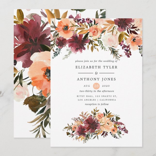 Invitación Boda floral de acuarela de Bordo Peach (Anverso / Reverso)