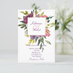 Invitación Boda floral de acuarela de color burdeos y púrpura