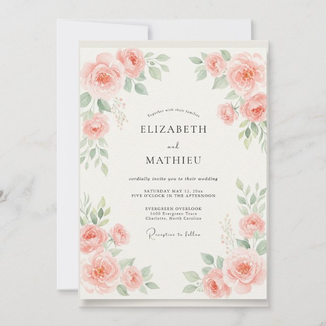 Invitación Boda floral de acuarela de coral (Anverso)