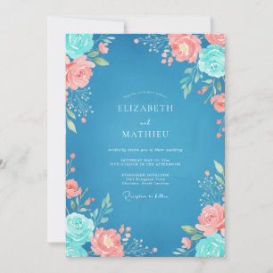 Invitación Boda floral de acuarela de coral azur