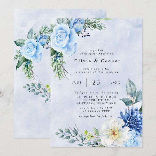 Invitación Boda floral de acuarela de la marina azul turbia (Anverso / Reverso)