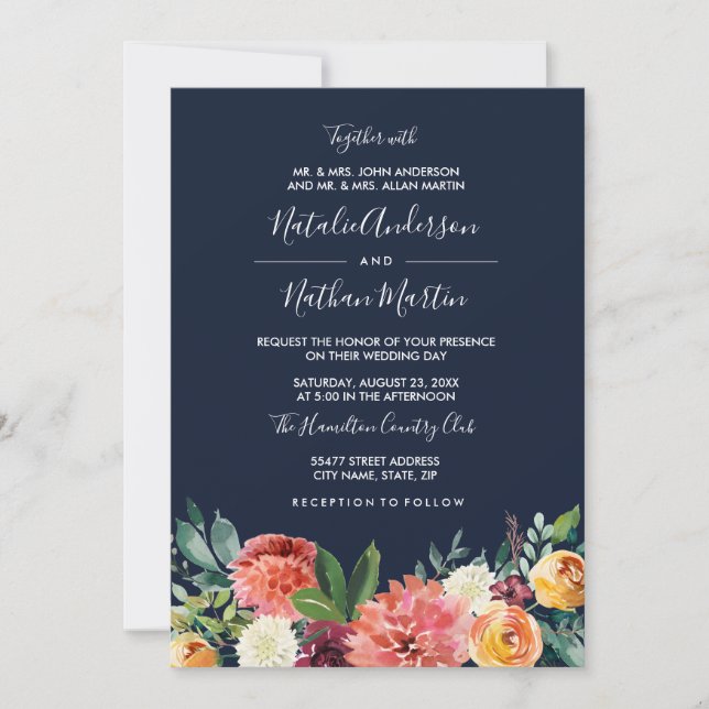 Invitación Boda floral de acuarela de la Marina de Borgoña (Anverso)