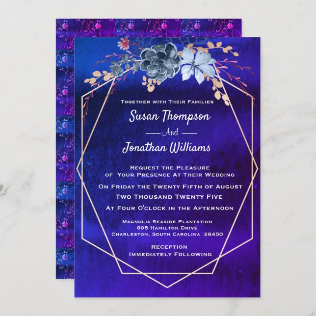 Invitación Boda floral de acuarela de la Marina Geométrica (Anverso / Reverso)