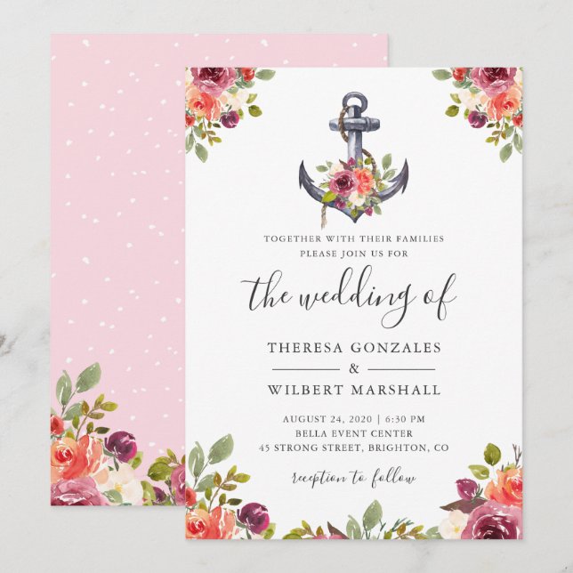 Invitación Boda floral de acuarela de la Moda de ancla náutic (Anverso / Reverso)