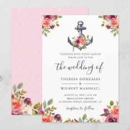 Invitación Boda floral de acuarela de la Moda de ancla náutic