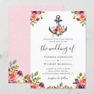 Invitación Boda floral de acuarela de la Moda de ancla náutic