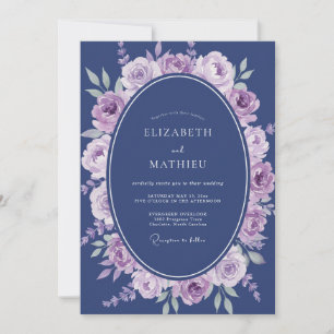 Invitación Boda floral de acuarela de lavanda naval