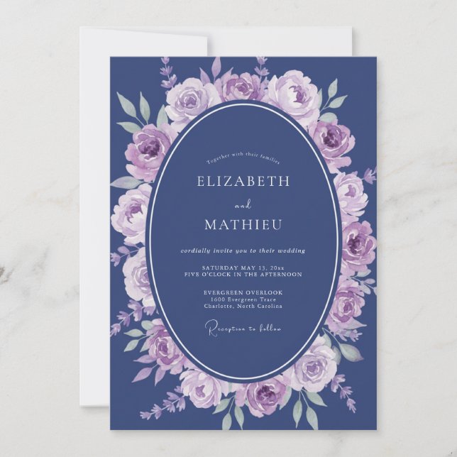 Invitación Boda floral de acuarela de lavanda naval (Anverso)