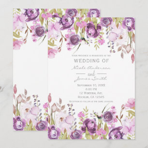 Invitación Boda floral de acuarela de lavanda púrpura lila