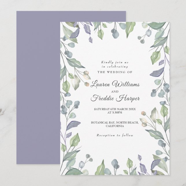 Invitación Boda floral de acuarela de lila (Anverso / Reverso)
