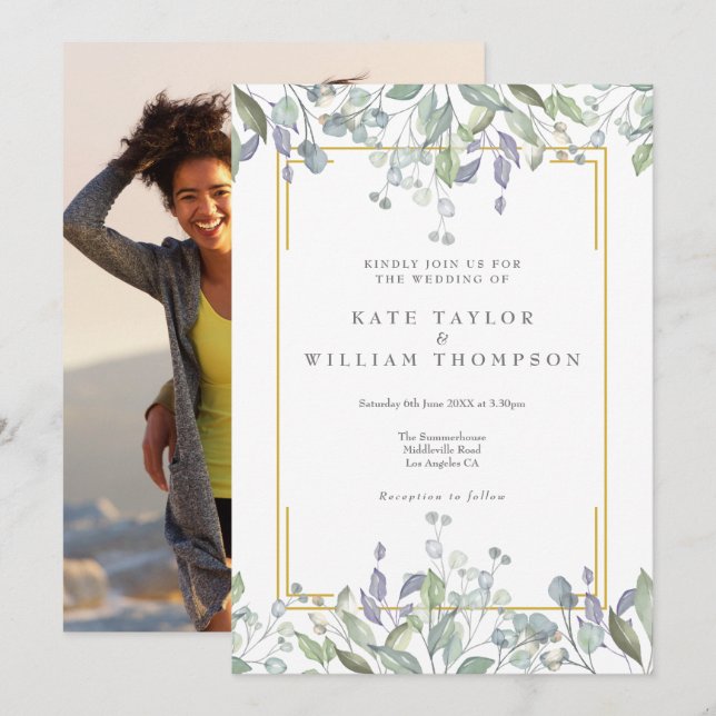 Invitación Boda floral de acuarela de lila con vegetación (Anverso / Reverso)