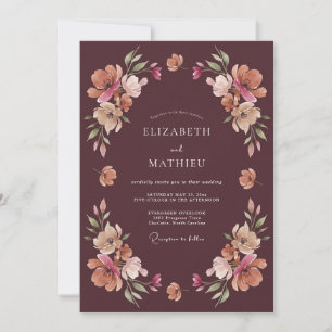 Invitación Boda floral de acuarela de melocotón granate