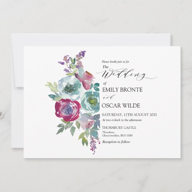 Invitación Boda floral de acuarela de menta y malva (Anverso)