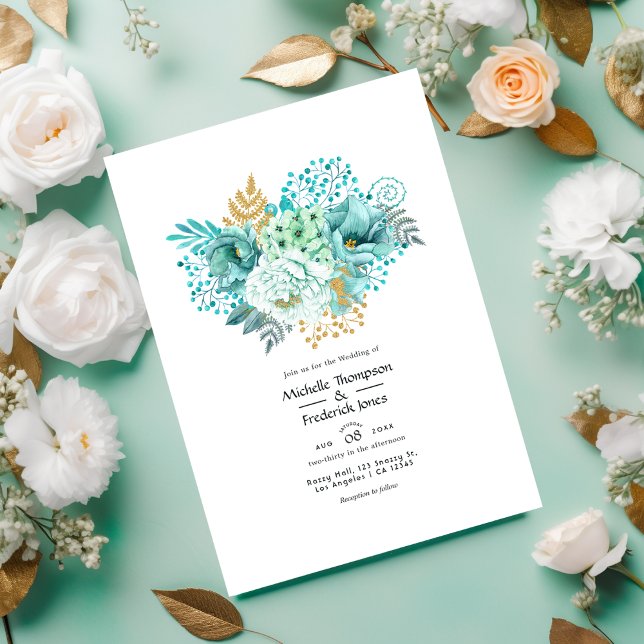 Invitación Boda floral de acuarela de menta y oro (Subido por el creador)