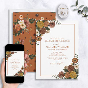 Invitación Boda floral de acuarela de Naranja quemado ruso