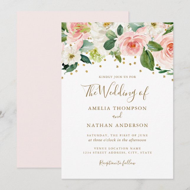 Invitación Boda floral de acuarela de oro rosa (Anverso / Reverso)