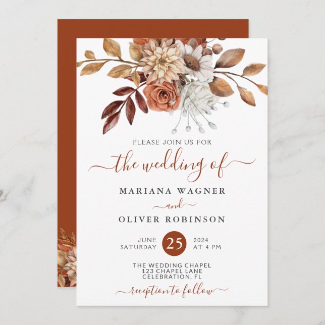 Invitación Boda floral de acuarela de otoño (Anverso / Reverso)