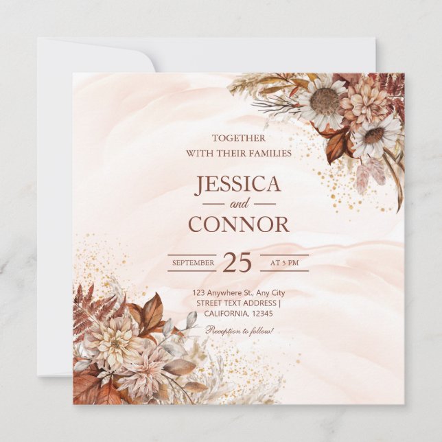 Invitación Boda floral de acuarela de otoño de presupuesto (Anverso)