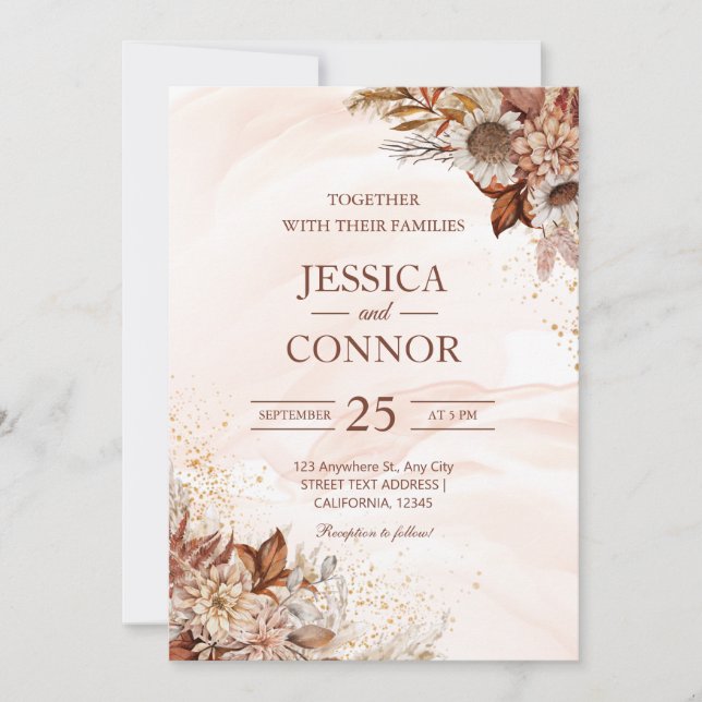 Invitación Boda floral de acuarela de otoño de presupuesto (Anverso)