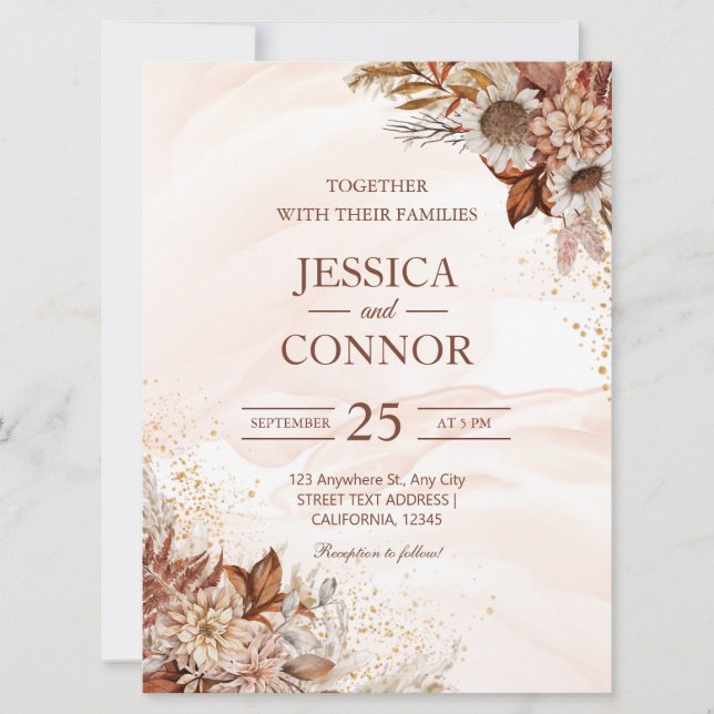 Invitación Boda floral de acuarela de otoño de presupuesto (Anverso)