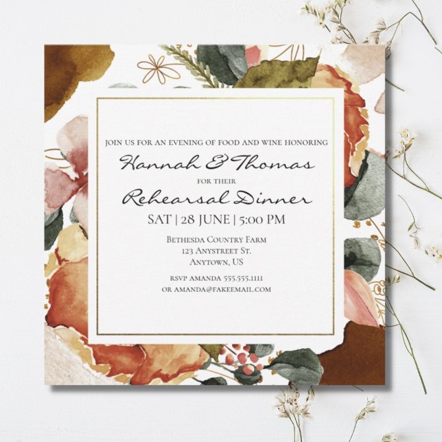 Invitación Boda floral de acuarela de otoño ensayo Cena (Subido por el creador)