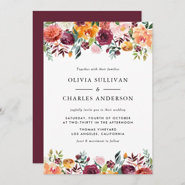 Invitación Boda floral de acuarela de otoño florece (Anverso / Reverso)