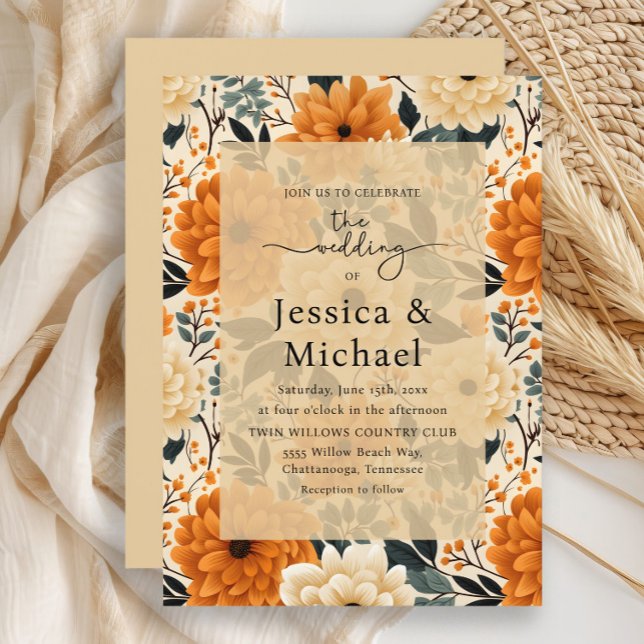 Invitación Boda floral de acuarela de otoño, Moda rústica de  (Burnt orange and cream watercolor floral wedding invitation)