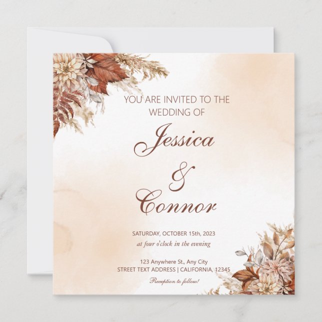 Invitación Boda floral de acuarela de otoño rústico (Anverso)