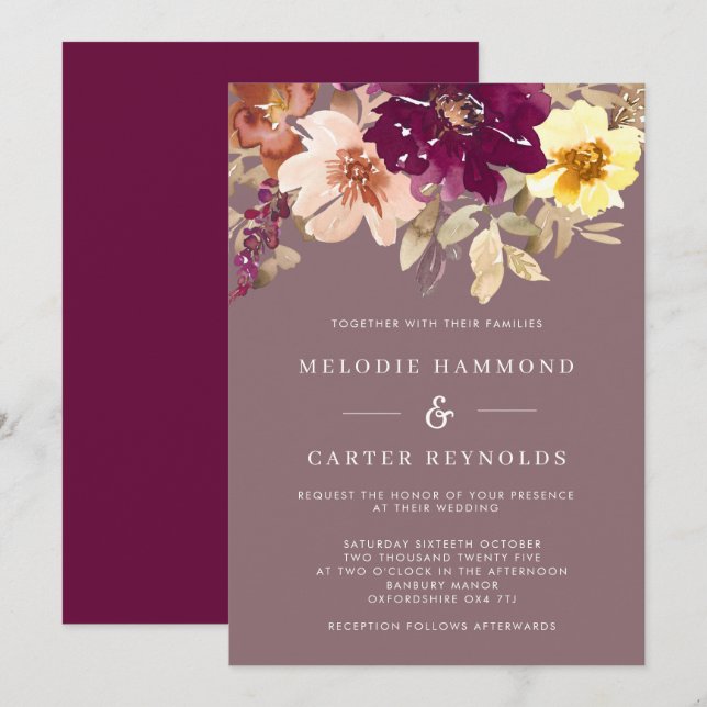 Invitación Boda floral de acuarela de plumas de otoño (Anverso / Reverso)