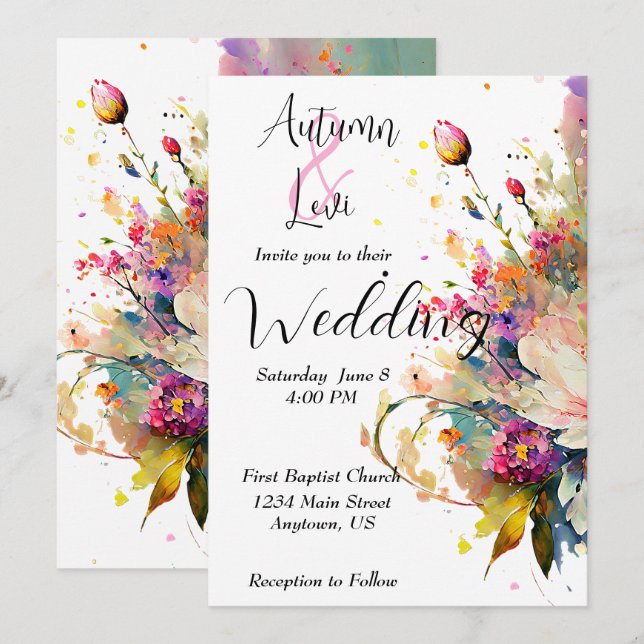 Invitación Boda floral de acuarela de primavera brillante (Anverso / Reverso)