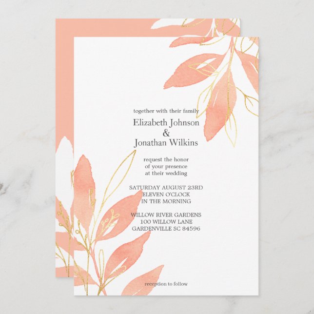 Invitación Boda floral de acuarela dorada (Anverso / Reverso)